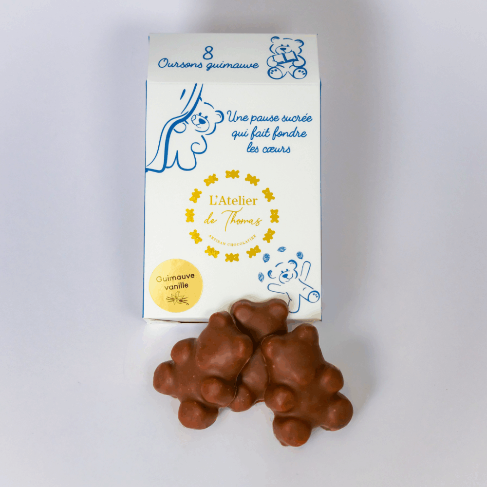 Oursons à la guimauve vanille enrobés de chocolat au lait, confectionnés artisanalement par L’Atelier de Thomas.