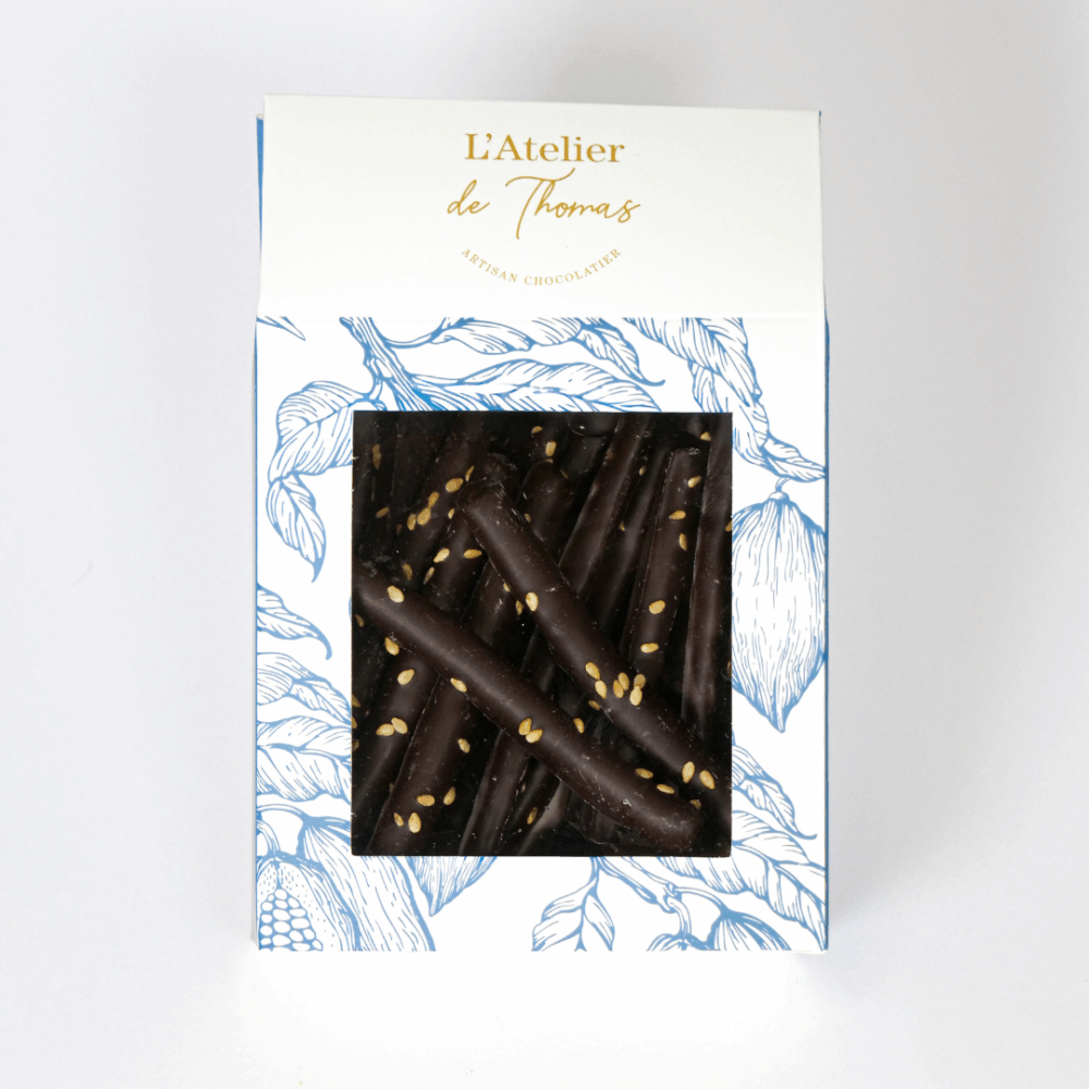 Sachet de citronnettes artisanales de L’Atelier de Thomas – écorces de citron confites enrobées de chocolat noir.