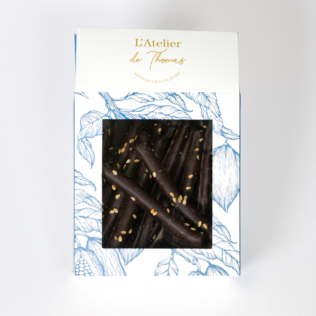 Sachet de citronnettes artisanales de L’Atelier de Thomas – écorces de citron confites enrobées de chocolat noir.